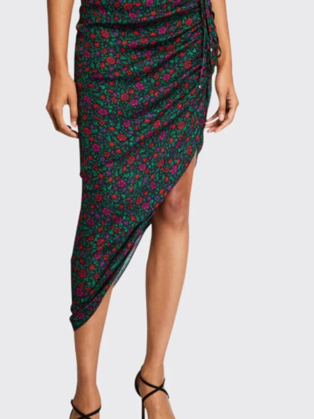 Veronica Beard Ari Ruched Asymmetic Black Red Floral Silk Midi Skirt
